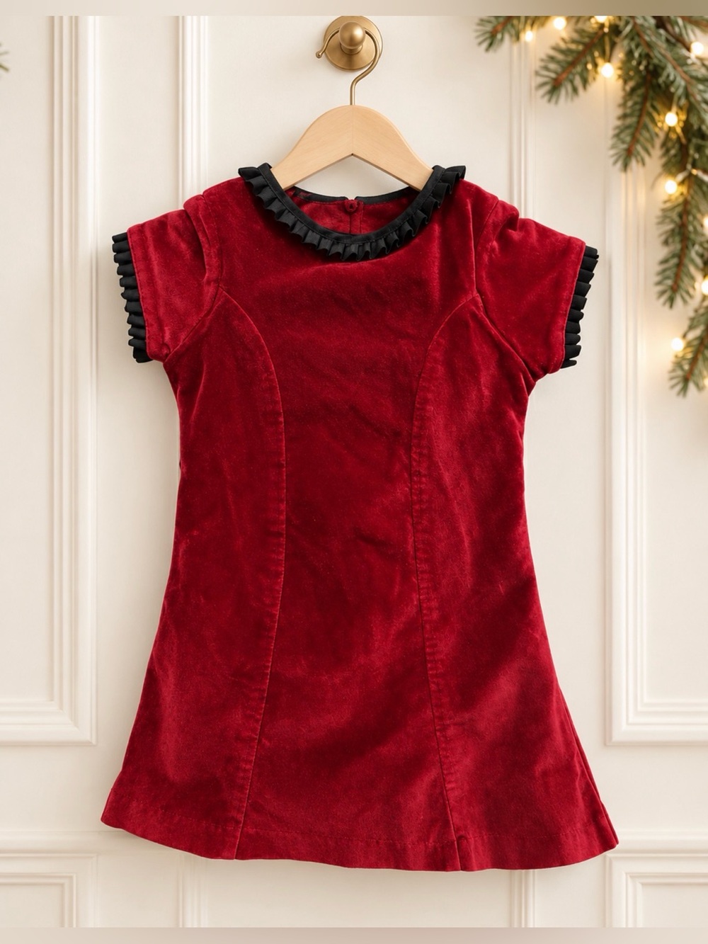 Laura Ashley vintage Red Velvet Kids Dress with raffle trim size 2 T